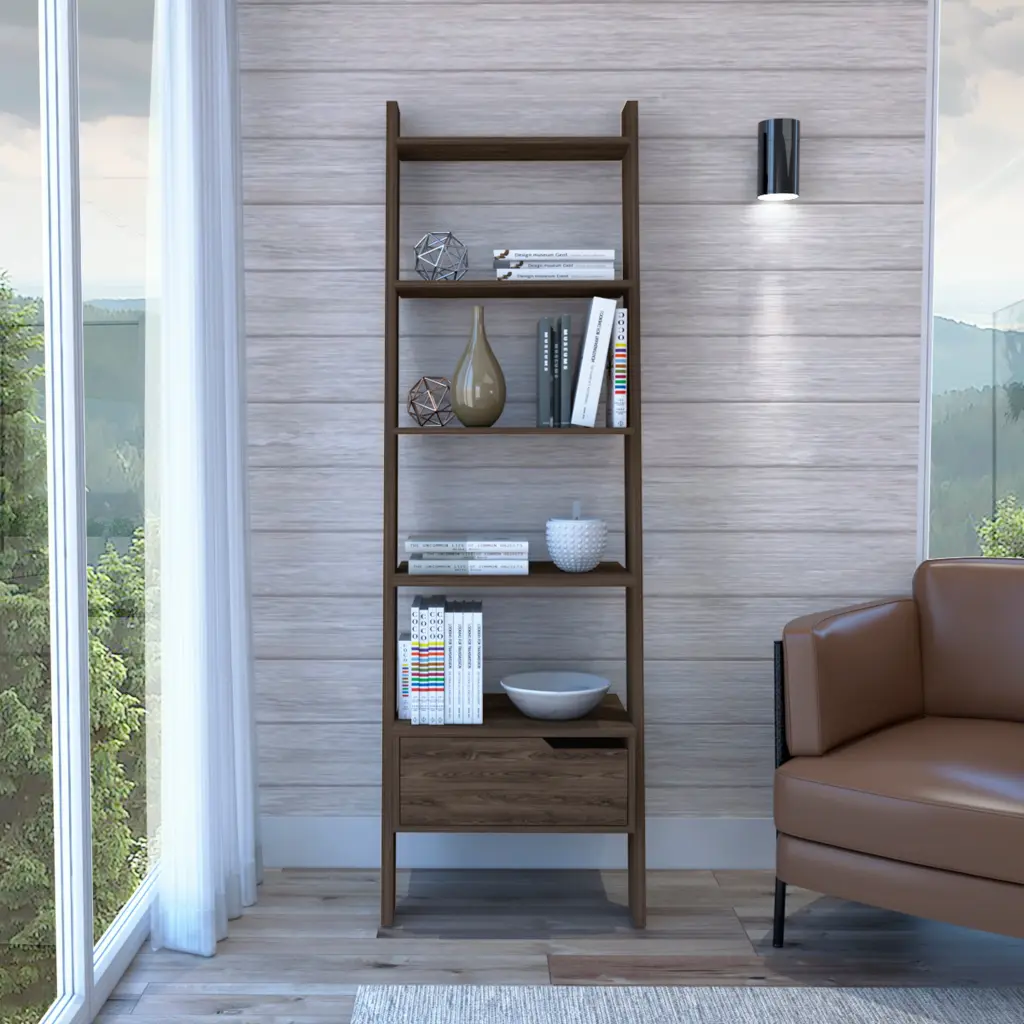 Oslo Ladder Bookcase Four Legs One Drawer Five Open Shelves Dark Wood tuhome