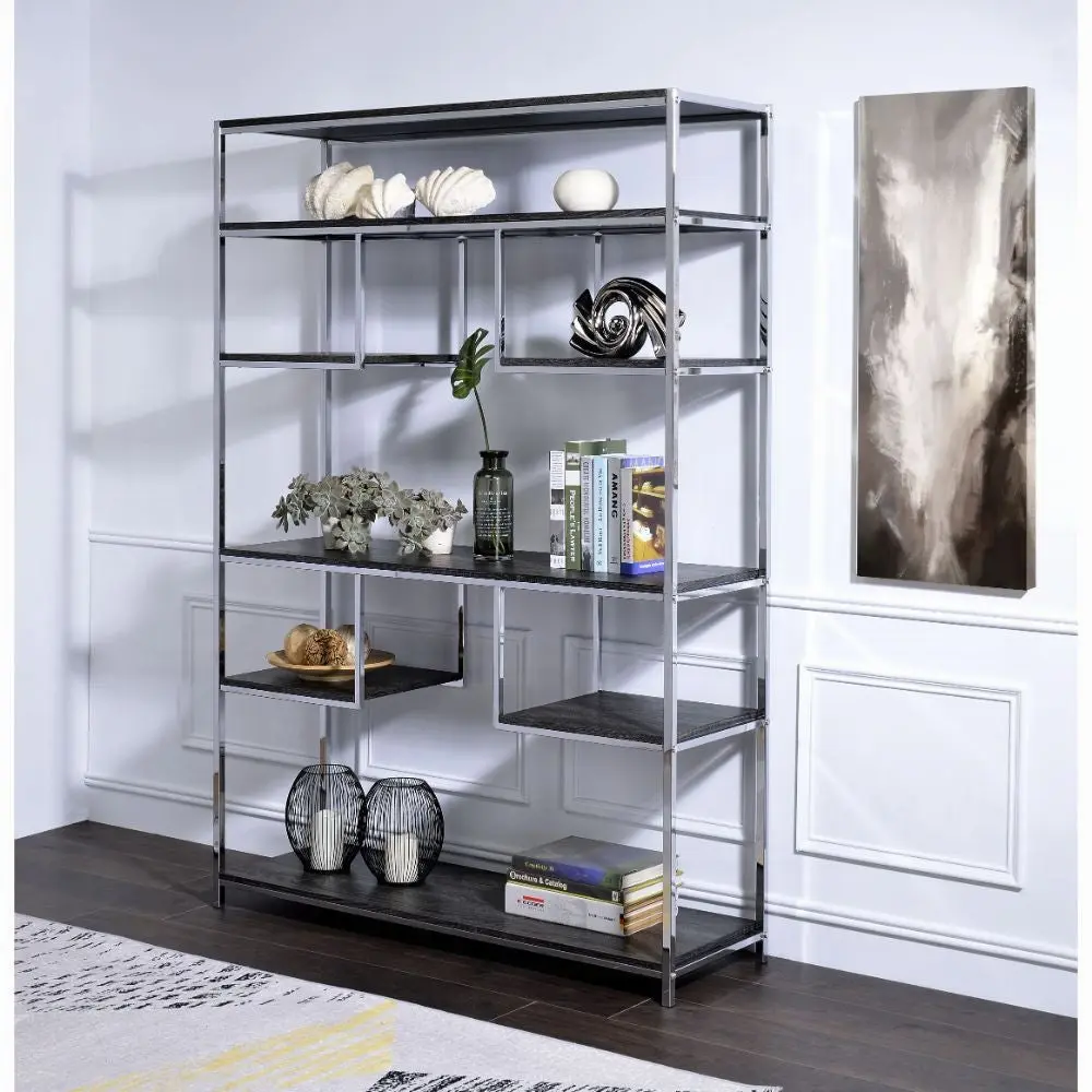 Rustic Grey Oak And Chrome 8 Shelf Bookshelf 7 Grey Etagere Shelf furniture max