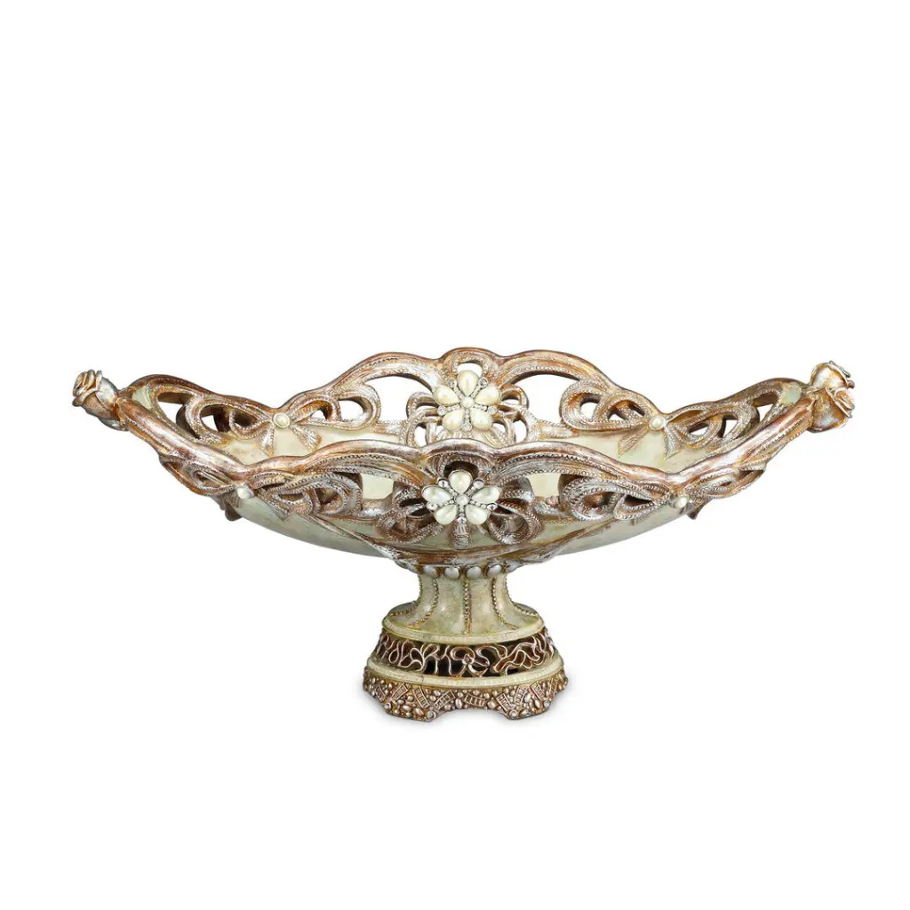 9In Tall Polyresin Decorative Fruit Bowl Vintage Rose Design Gold Finish california home