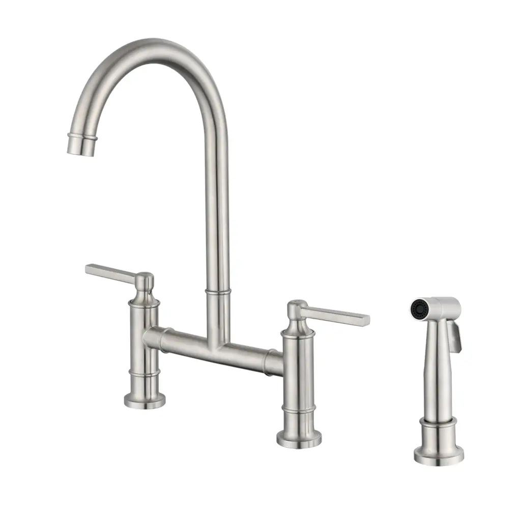 Double Handle Bridge Kitchen Faucet Side Spray Brushed Nickel w928 dongtu group