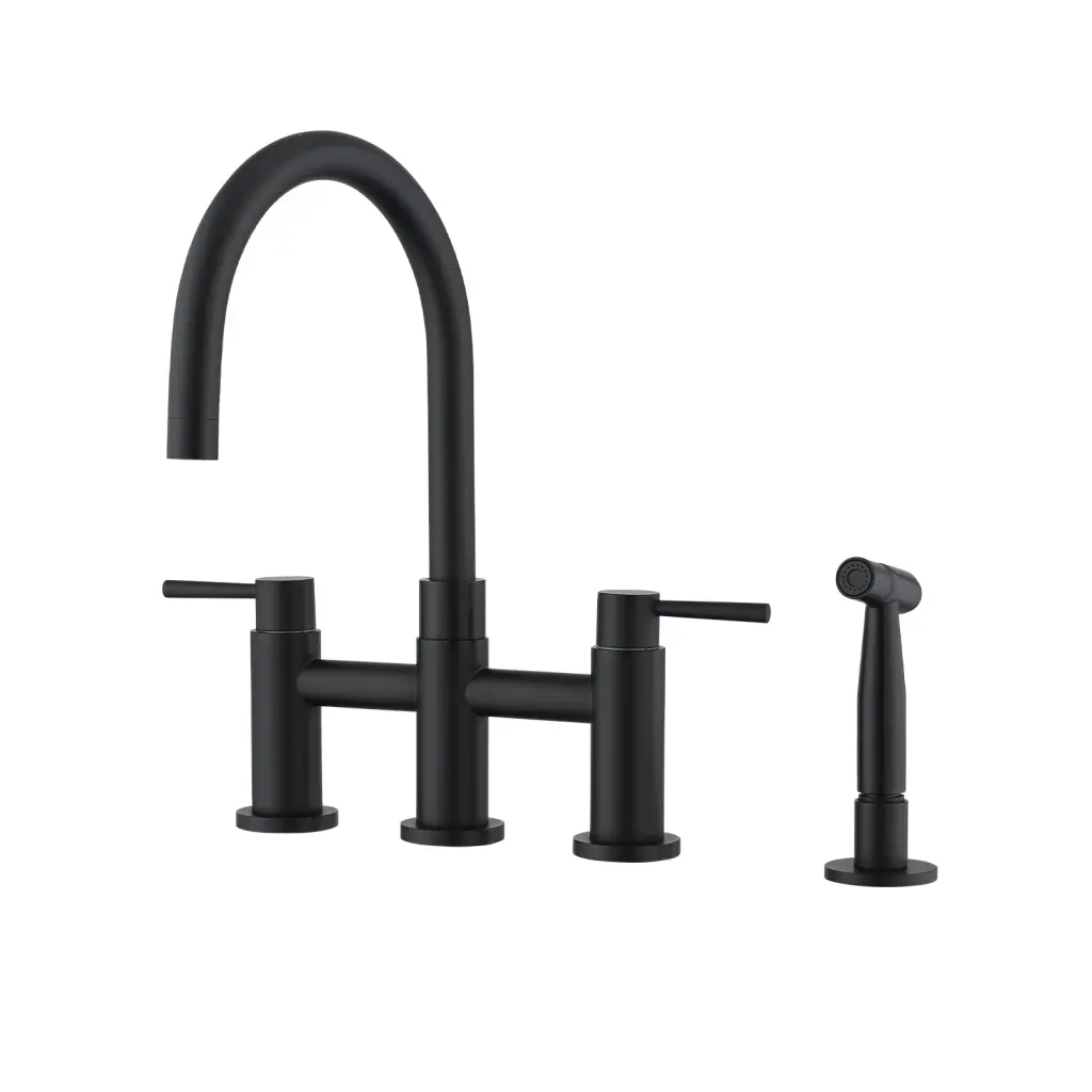 Double Handle Bridge Kitchen Faucet Side Spray Matte Black Stainless Steel whale