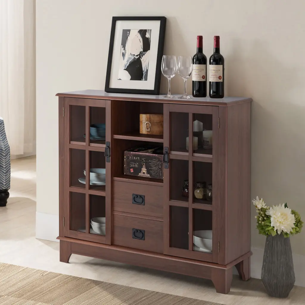 Walnut 2 Door Server 2 Drawers Dining Room Open Storage Wooden Buffet Cabinet furniture max