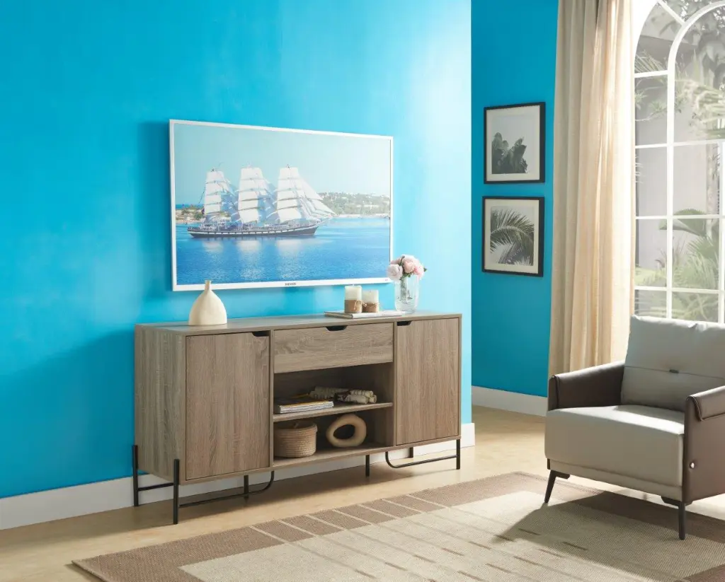 Buffet Metal Legs Two Door One Drawer Six Shelves Brown Black Sideboard id international- inc.