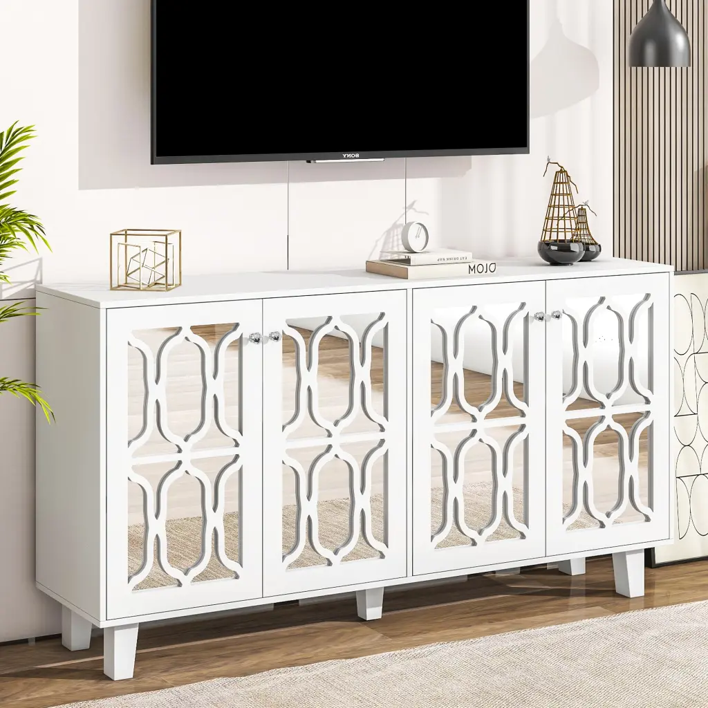 Buffet Cabinet Adjustable Shelves and 4 Door Mirror - Hollow Carved TV Stand rnb