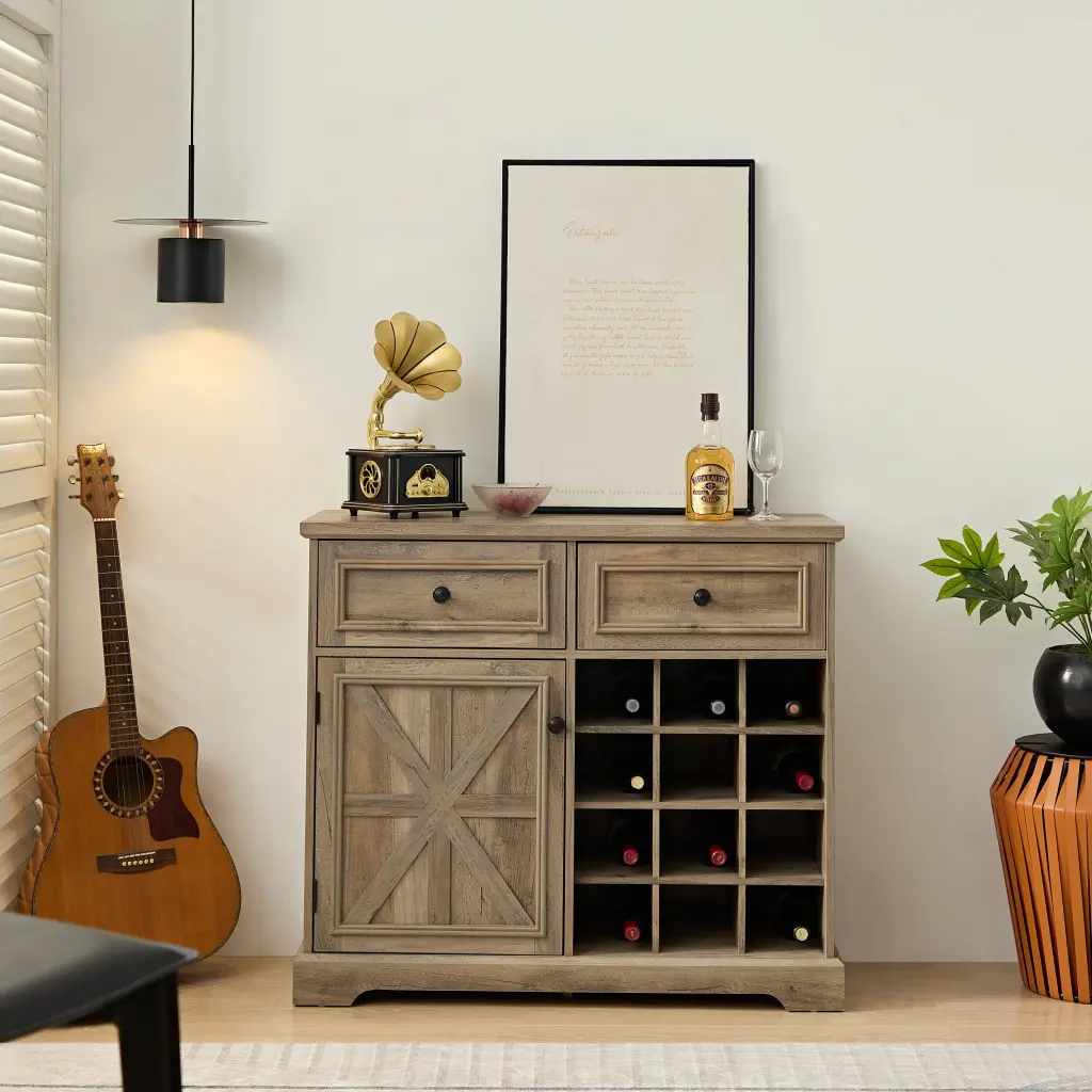 Farmhouse Buffet Cabinet Storage Sideboard 2 Drawers Wine Rack rnb