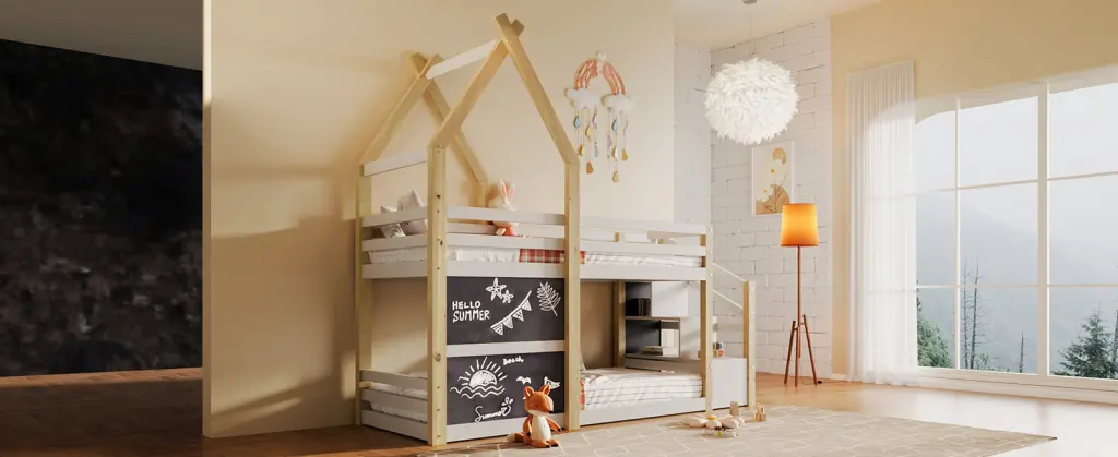 Twin Over Twin Bunk Bed White Storage Staircase And 2 Drawers Space Saving Design artistry at home