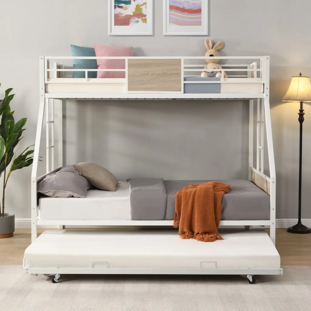 Twin Over Full Metal Bunk Bed Trundle 2 Side Ladder and Full Length Guardrail civilfurniture