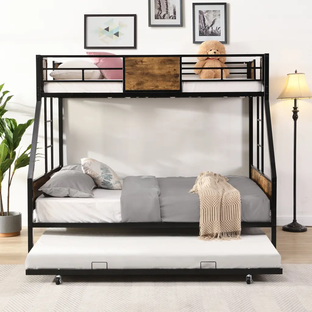 Twin Over Full Metal Bunk Bed Trundle and 2 Side Ladders civilfurniture