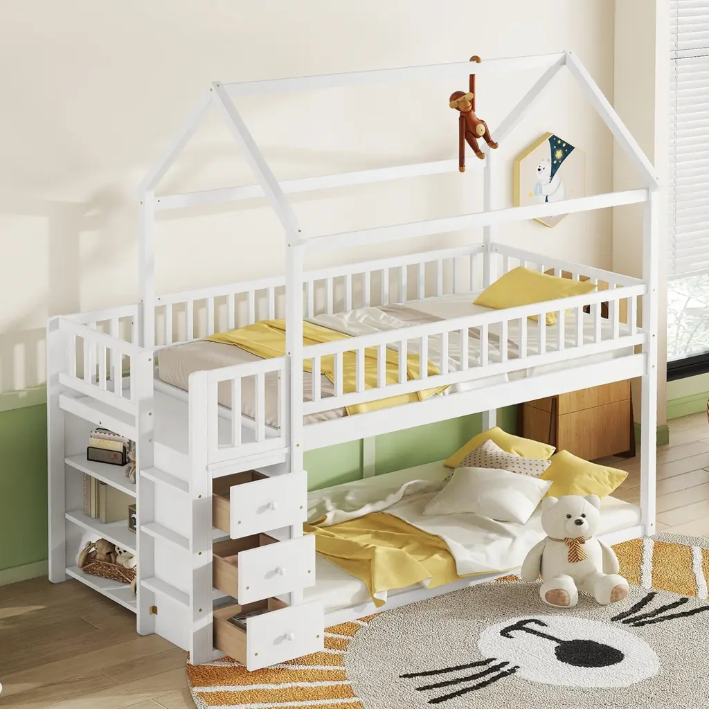 Twin Houtilize Bunk Bed Shelves and Drawers White Color Box fangxing