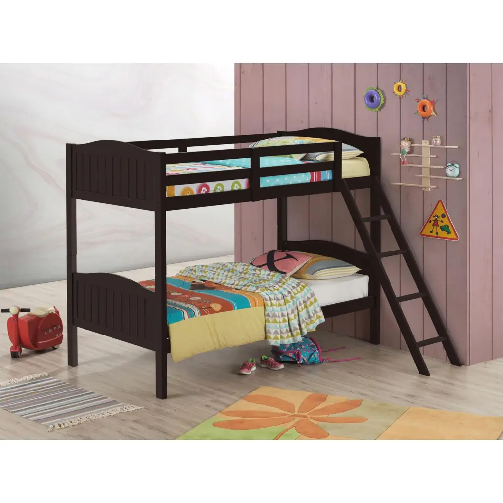 Espresso Twin Bunk Bed Arched Headboard Brown Wood Finish furniture max