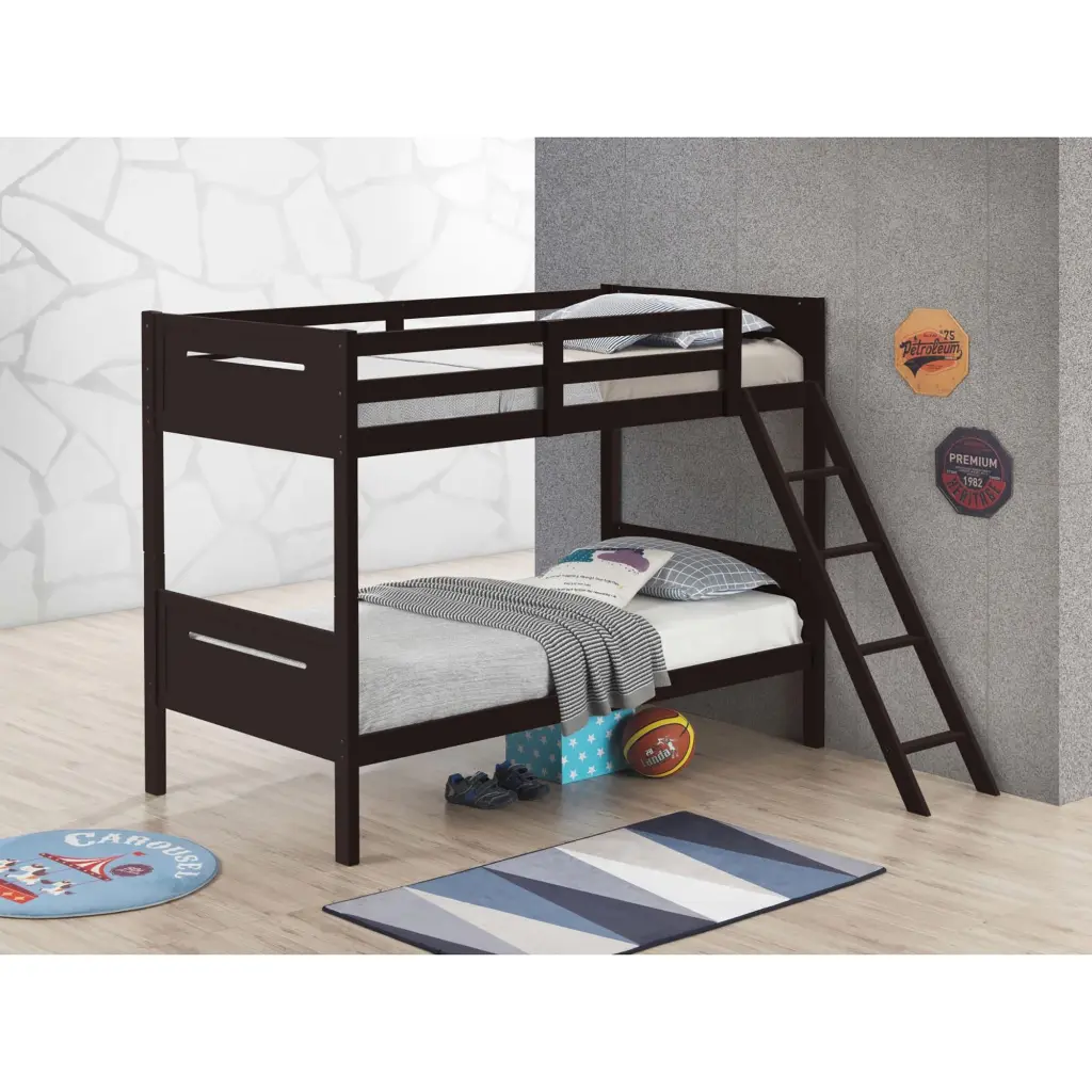 Espresso Twin Bunk Bed Built- Ladder Brown Wood Finish furniture max