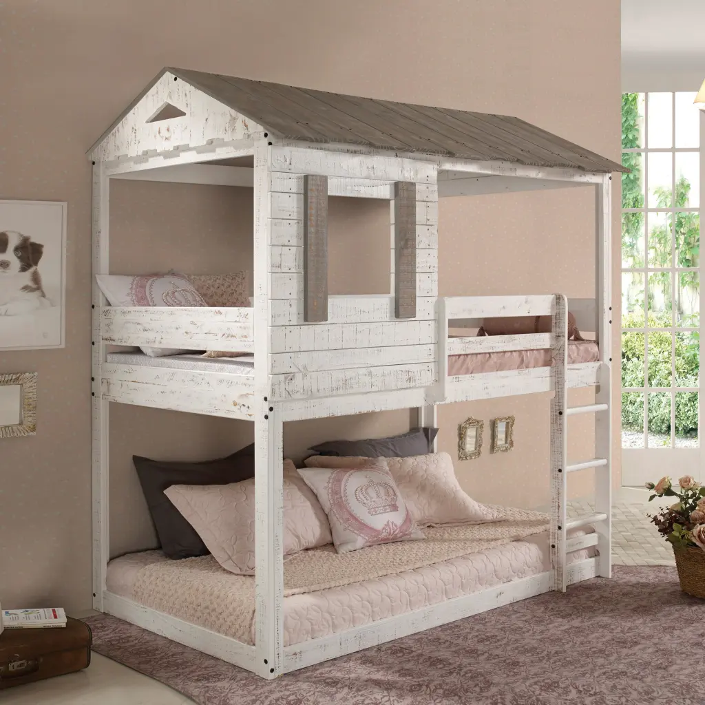 Rustic White Twin Over Twin Bunk Bed Built Ladder White Wood furniture max