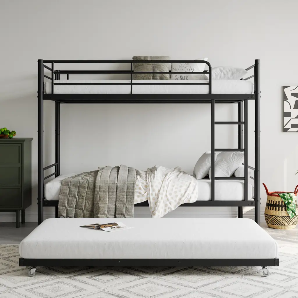 Twin Bunk Bed Trundle Metal Bunkbeds Ladder And Full Length Guardrail home furniture