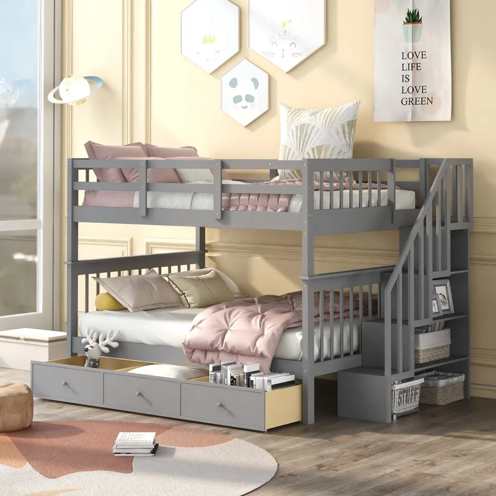 Full Over Full Bunk Bed Drawer Storage and Guard Rail Kids and Teens lucky furniture