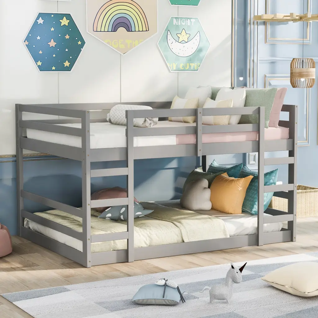 Full Over Full Bunk Bed Ladder Gray Solid Wood Kids Bedroom Furniture lucky furniture