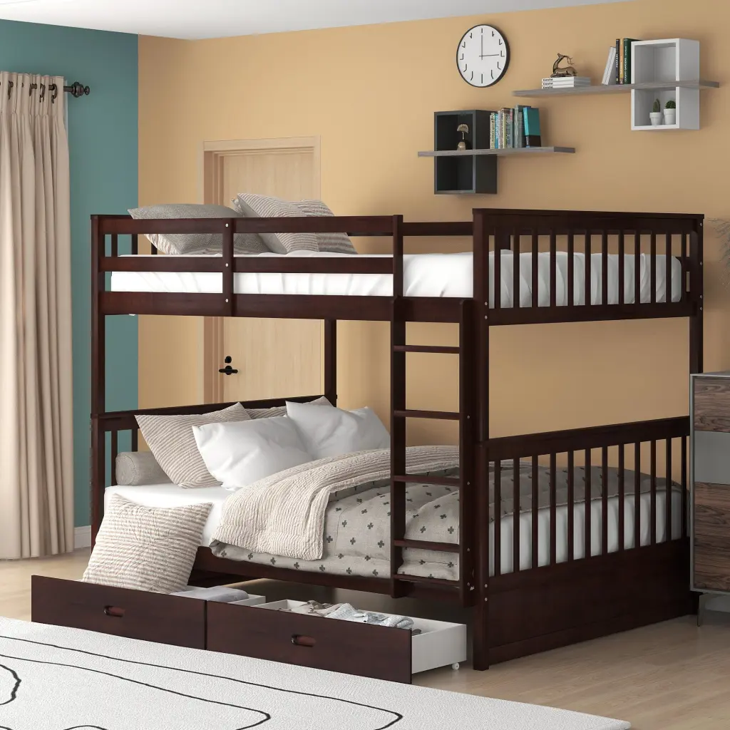 Full Over Full Bunk Bed Ladders and 2 Storage Drawers Espresso Finish lucky furniture