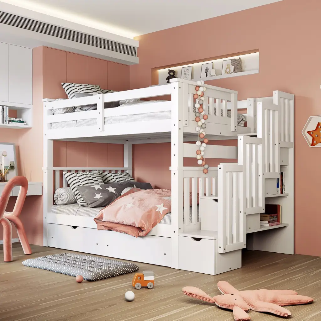 Full Over Full Bunk Bed Shelves and 6 Storage Drawers White lucky furniture