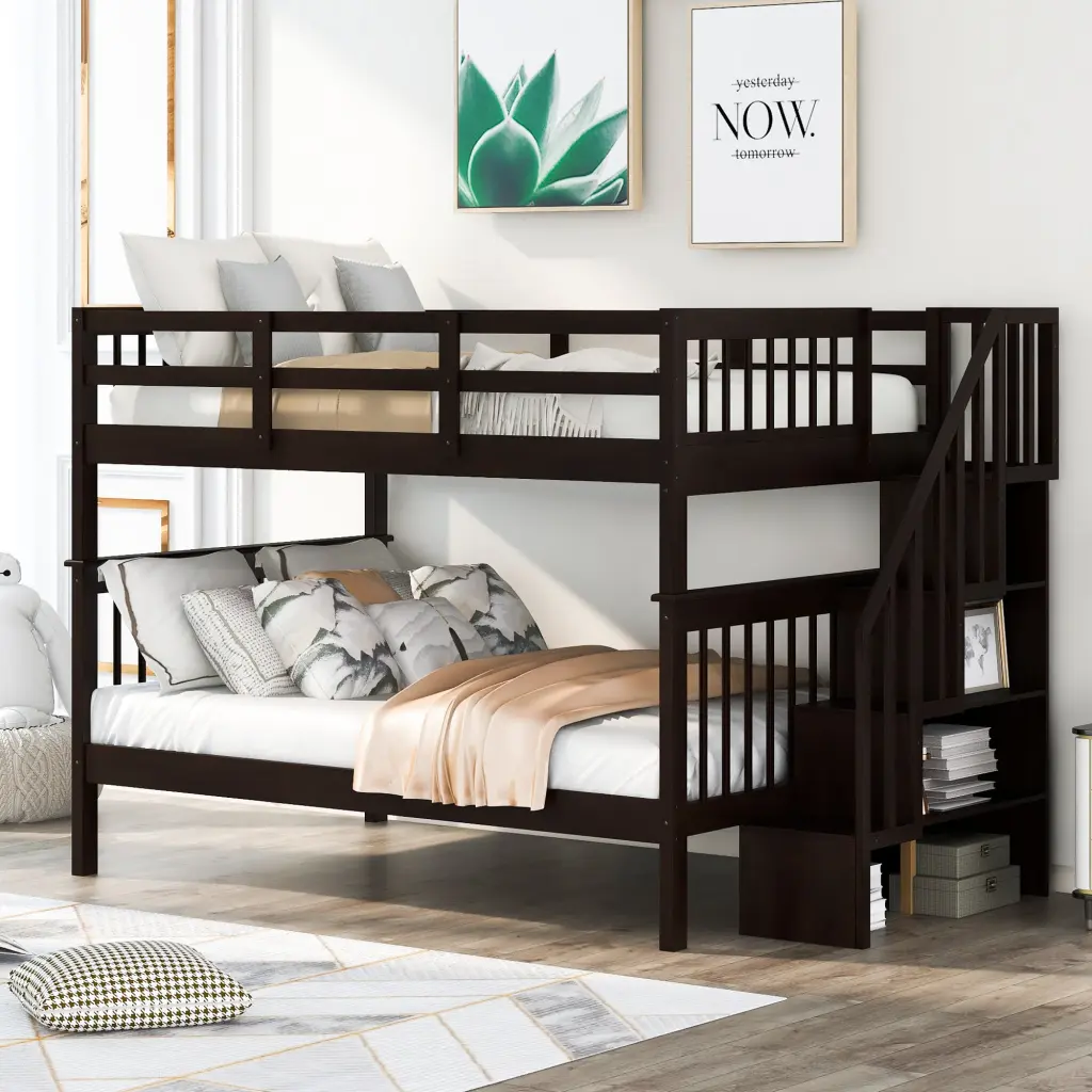 Full Over Full Bunk Bed Storage Stairway And Guard Rail Kids Bedroom lucky furniture