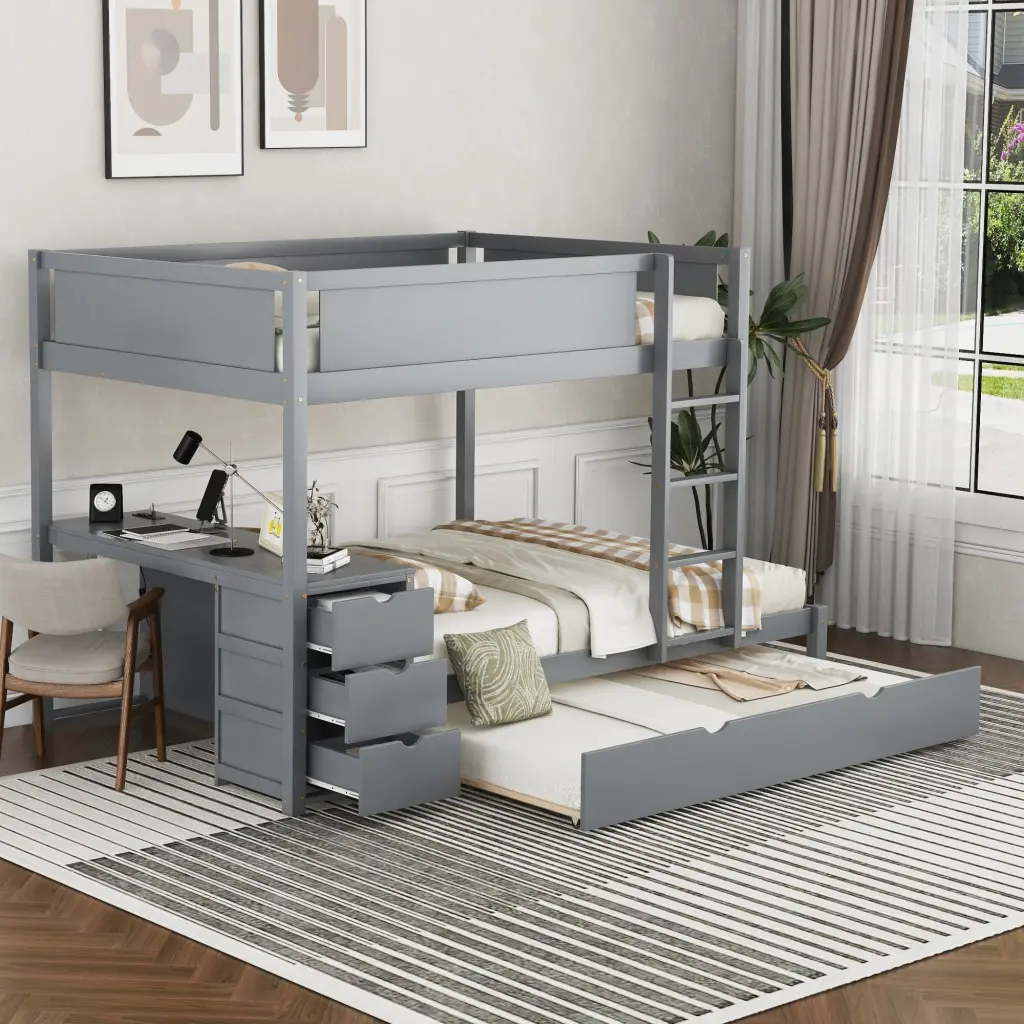 Full Over Full Bunk Bed Twin Trundle Storage and Desk Gray lucky furniture