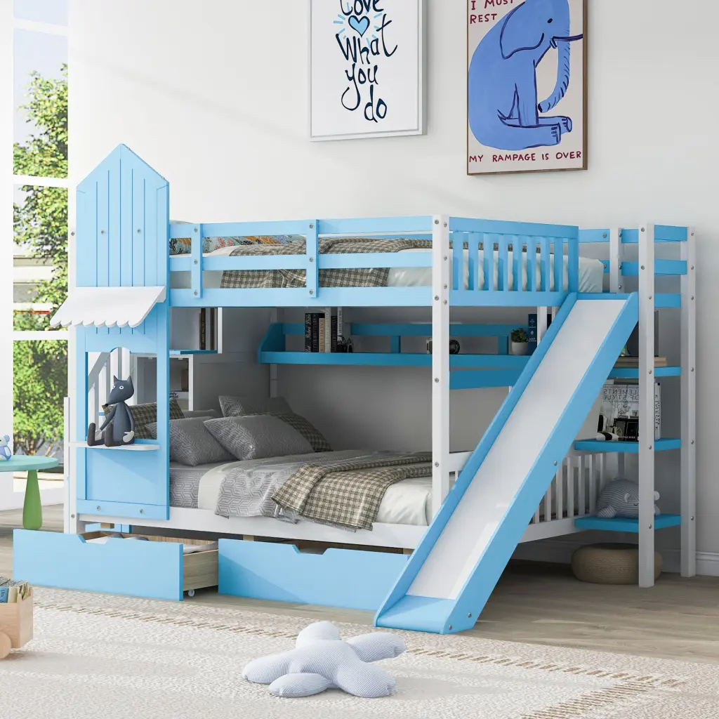 Full Over Full Castle Style Bunk Bed 2 Drawers 3 Shelves And Slide lucky furniture