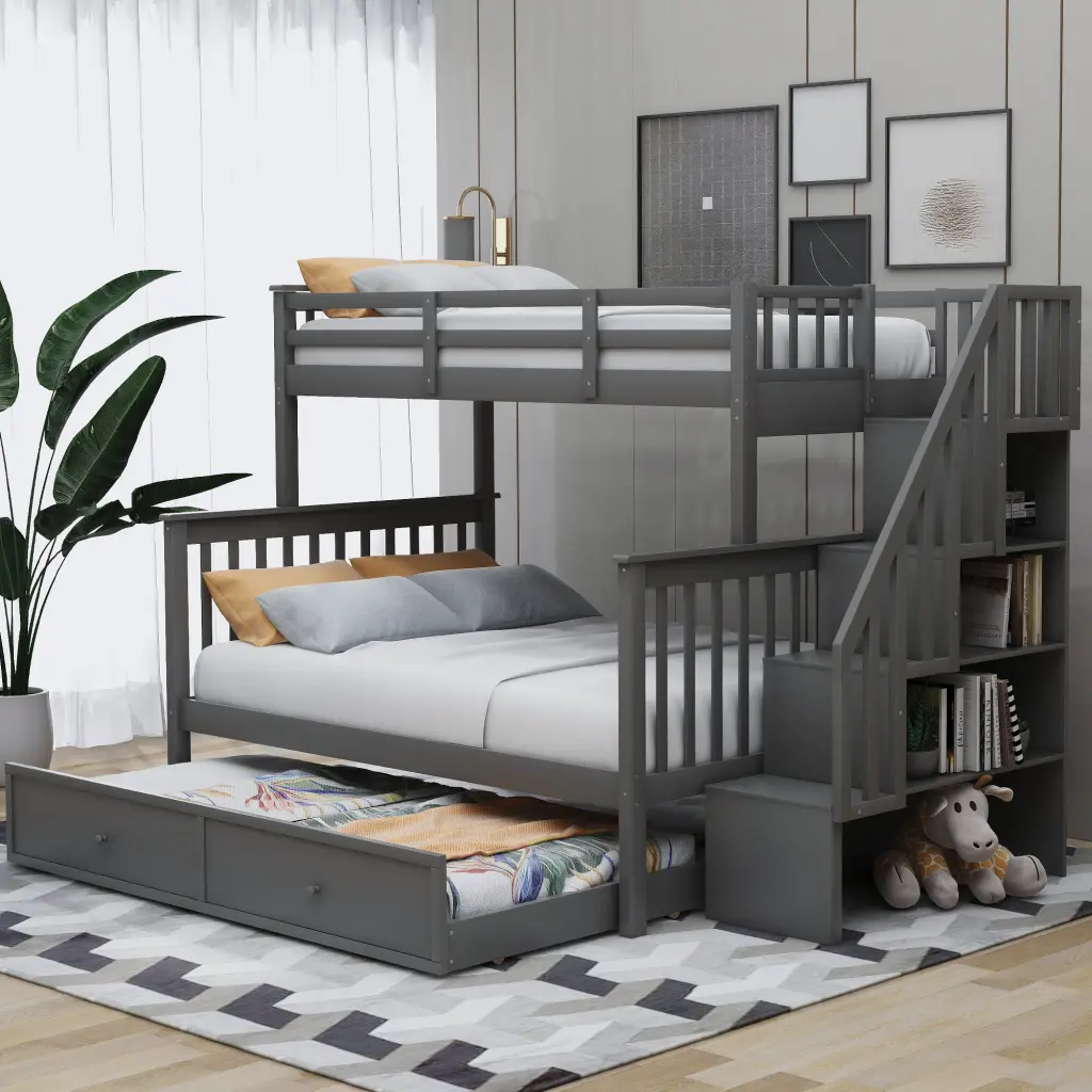 Stairway Twin Over Full Bunk Bed Twin Size Trundle Storage and Guardrail lucky furniture