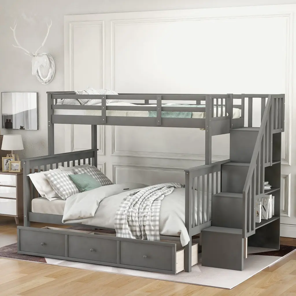 Stairway Twin Over Full Bunk Bed Drawer Storage And Guard Rail Kids lucky furniture