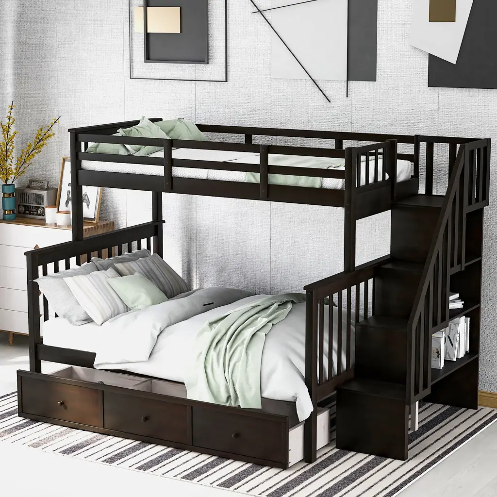 Stairway Twin Over Full Bunk Bed Drawer Storage And Guard Rail Space Saving lucky furniture