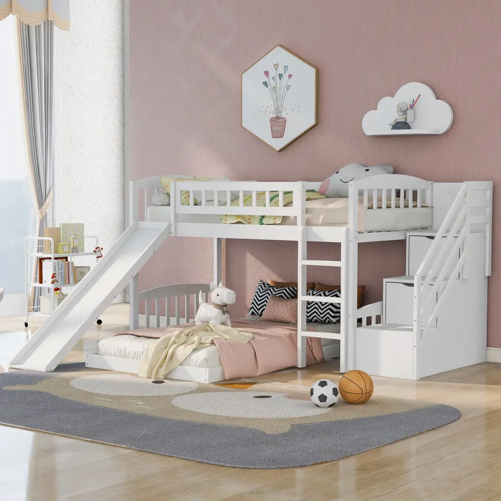 Stairway Twin Over Twin Bunk Bed Two Drawers And Slide White lucky furniture
