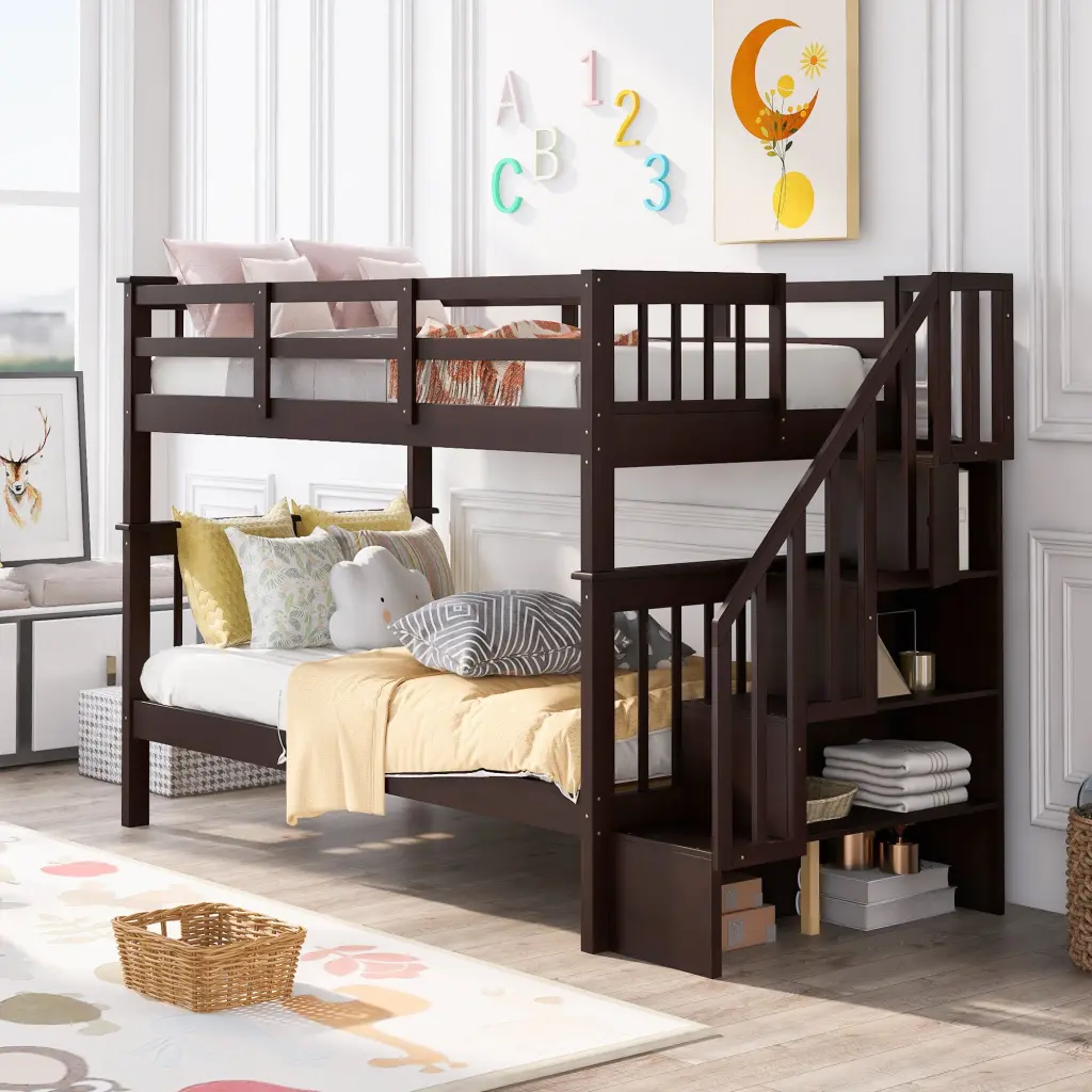 Stairway Twin Over Twin Bunk Bed Storage And Guard Rail Kids Bedroom lucky furniture