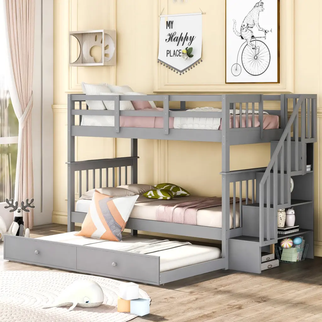 Stairway Twin Over Twin Bunk Bed Twin Size Trundle Bedroom lucky furniture