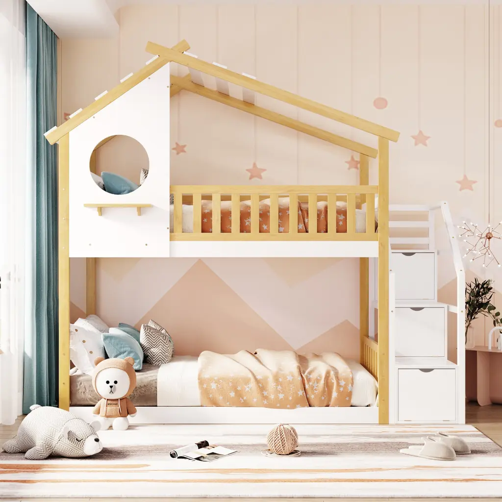 Stairway Twin Over Twin Bunk Bed Houtilize Bed Storage And Guard Rail Natural lucky furniture