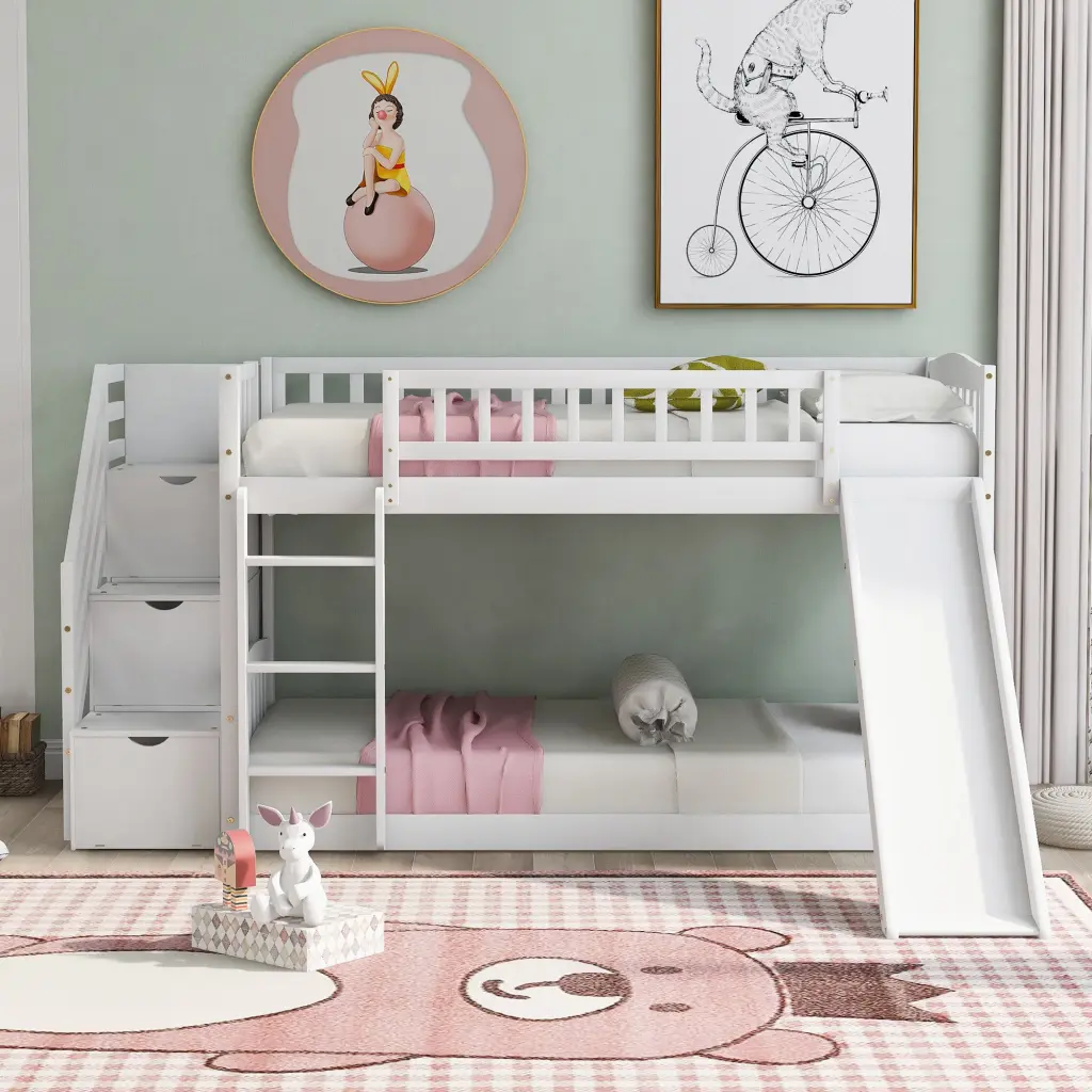Stairway Twin Over Twin Bunk Bed Two Drawers And Slide White lucky furniture