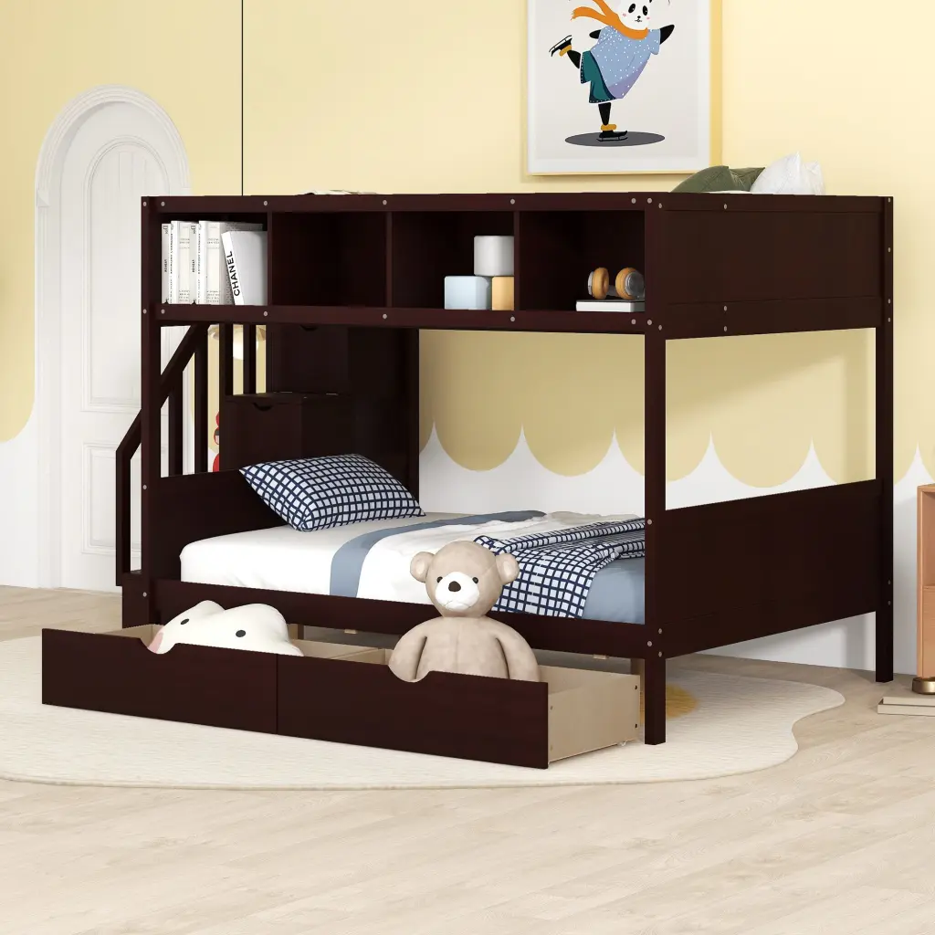 Twin Over Full Bunk Bed Shelves Storage Staircase and 2 Drawers lucky furniture
