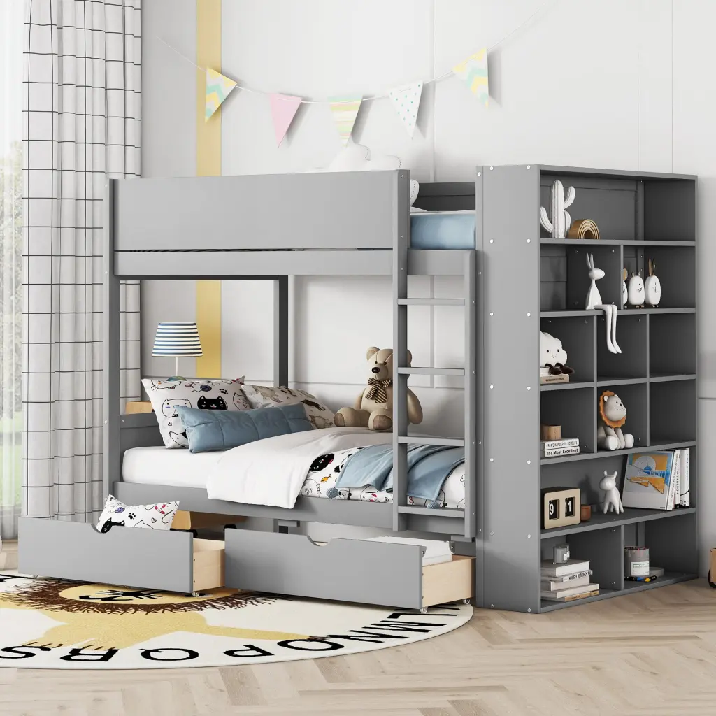Twin Over Twin Bunk Bed 2 Drawers And Multi Layer Cabinet Gray lucky furniture