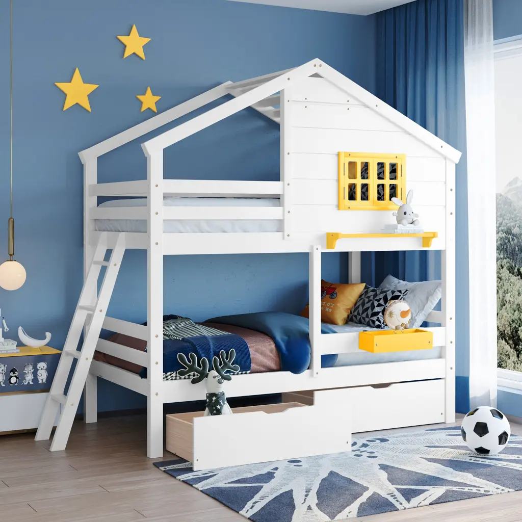 Twin Over Twin Bunk Bed 2 Drawers Storage Box Shelf and Window lucky furniture
