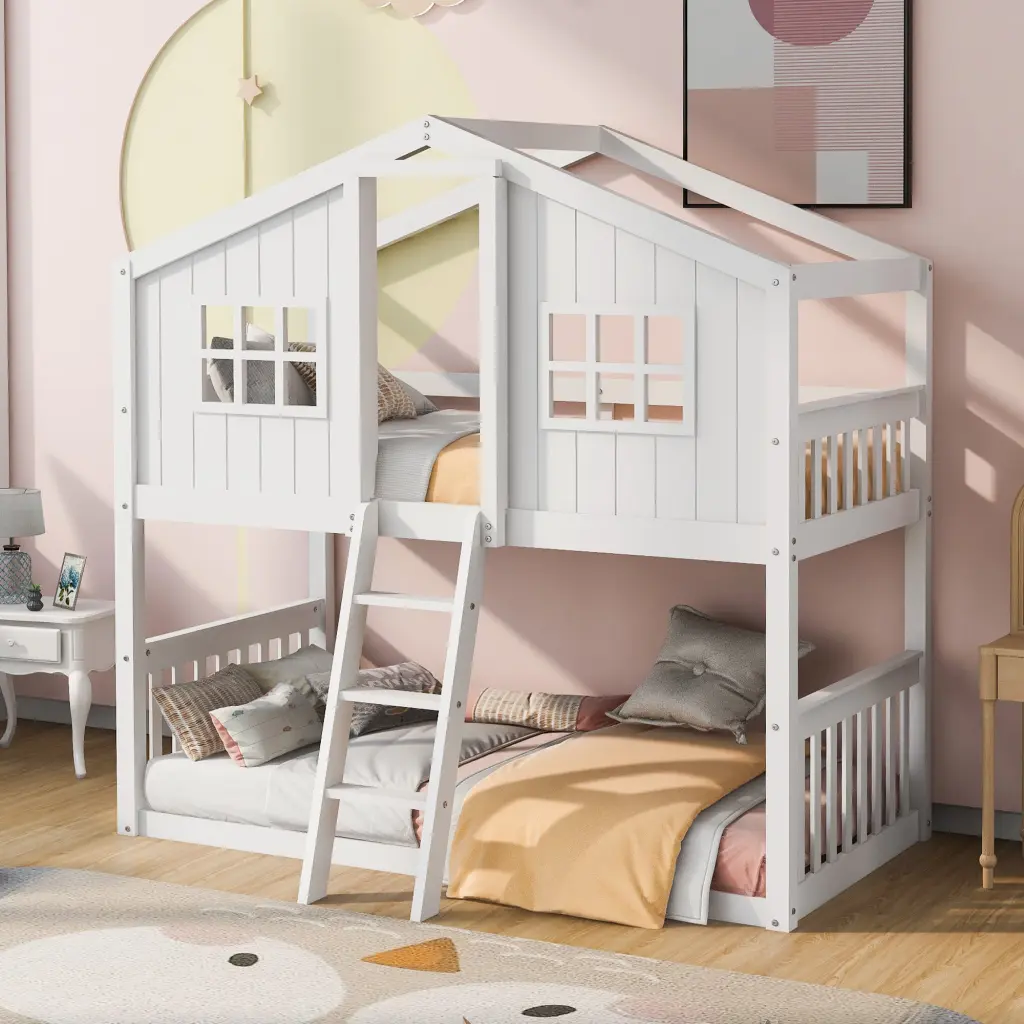 Twin Over Twin Bunk Bed Ladder White Solid Wood Finish lucky furniture