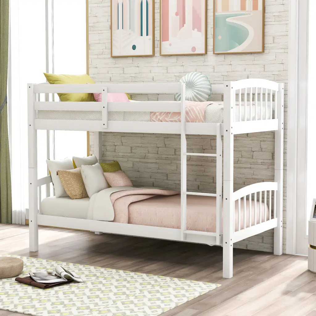 Twin Over Twin Bunk Bed Ladder White Space Saving Kids Bed lucky furniture