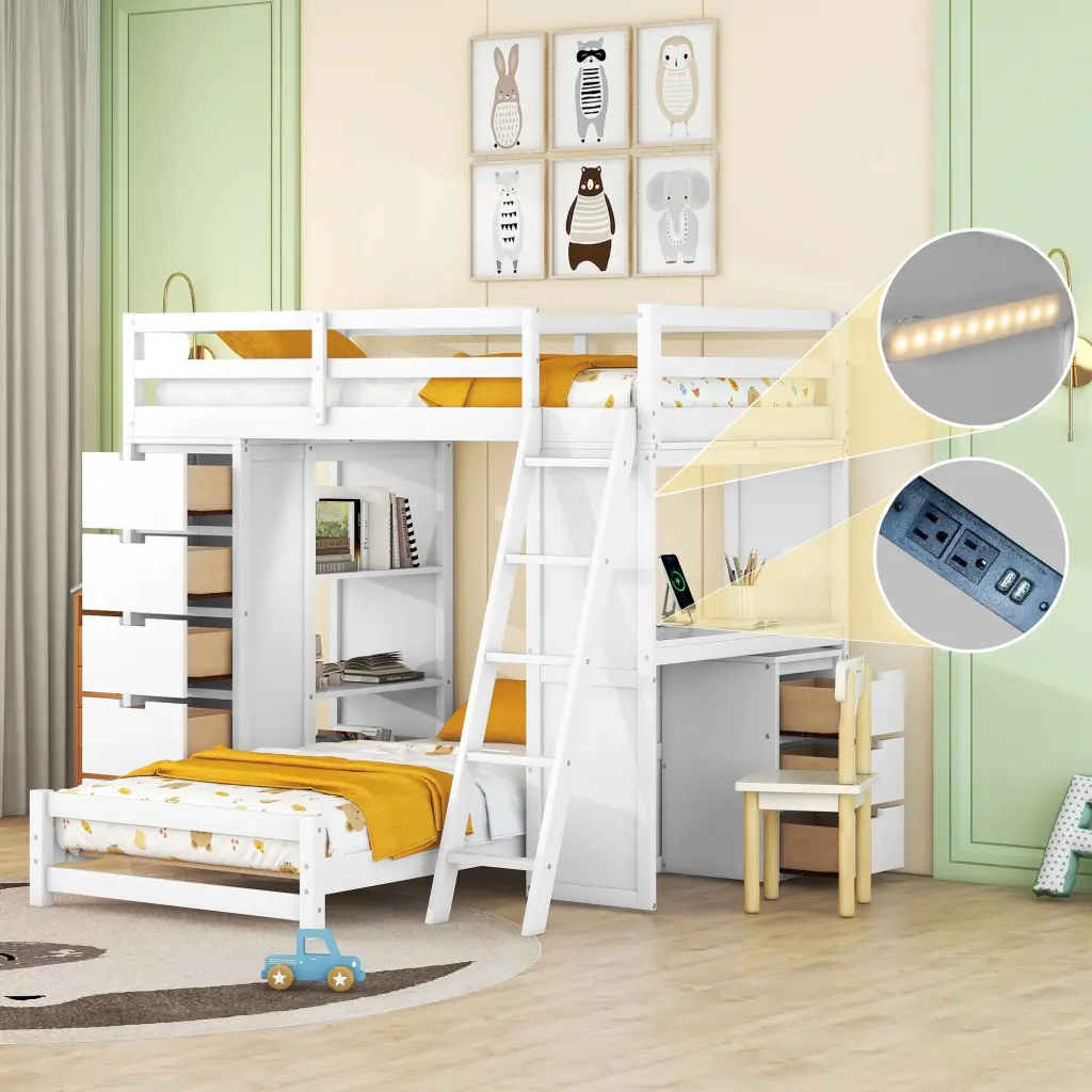 Twin Over Twin Bunk Bed Led Light And Usb Ports White Modern lucky furniture