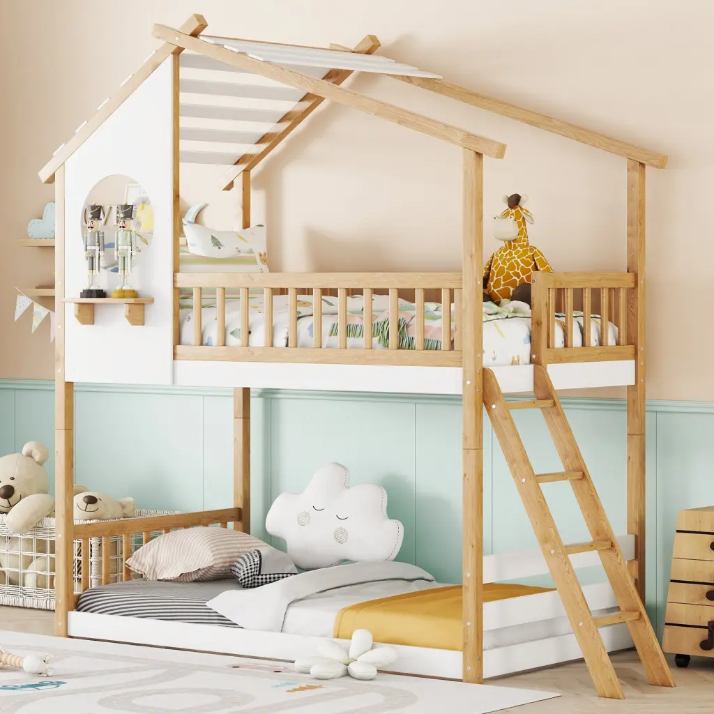 Twin Over Twin Bunk Bed Roof Window Ladder Natural Old Wood lucky furniture