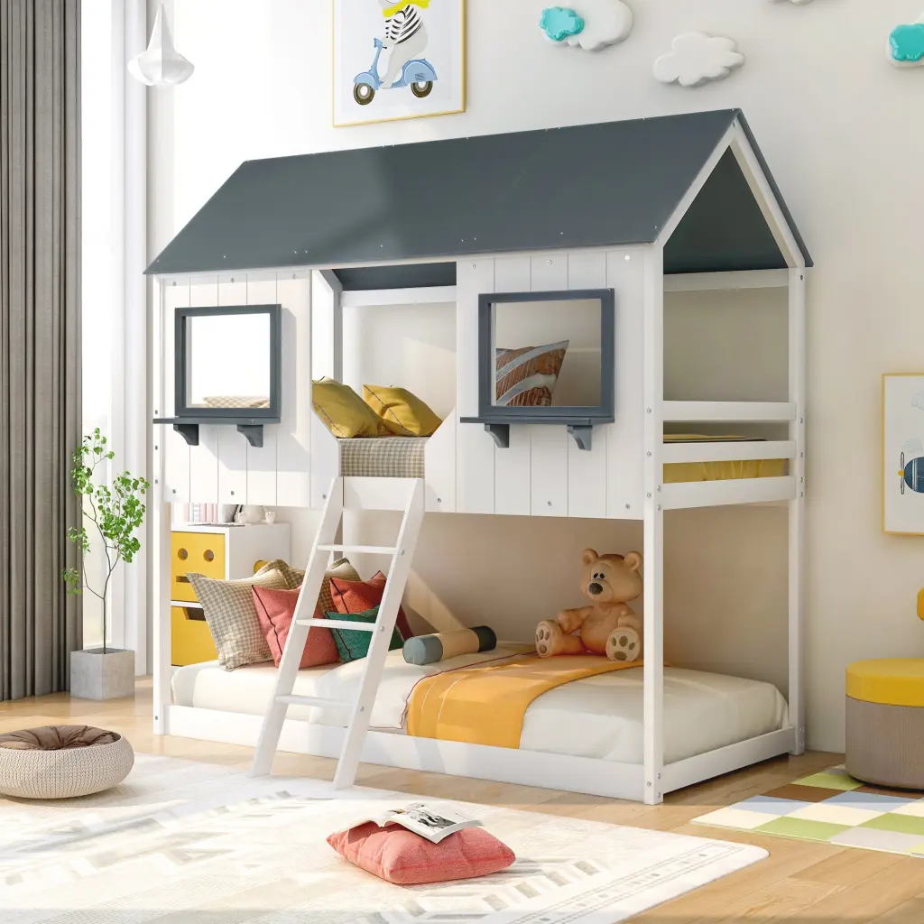 Twin Over Twin Bunk Bed Roof Window Guardrail And Ladder Wooden Kids Bed lucky furniture