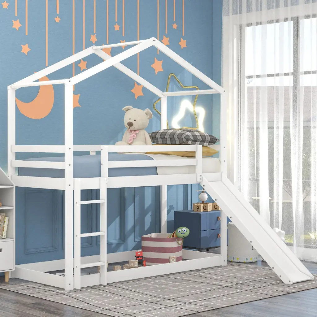 Twin Over Twin Bunk Bed Roof Slide And Ladder White Kids Bed lucky furniture