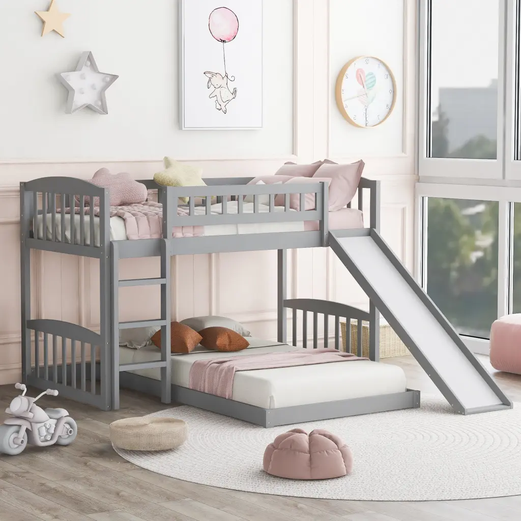 Twin Over Twin Bunk Bed Slide and Ladder - Fun Gray Kids Bed lucky furniture