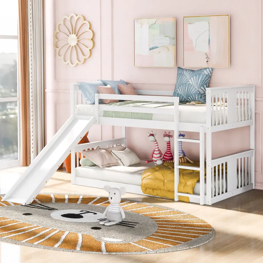 Twin Over Twin Bunk Bed Slide And Ladder White Kids Bedroom Furniture lucky furniture