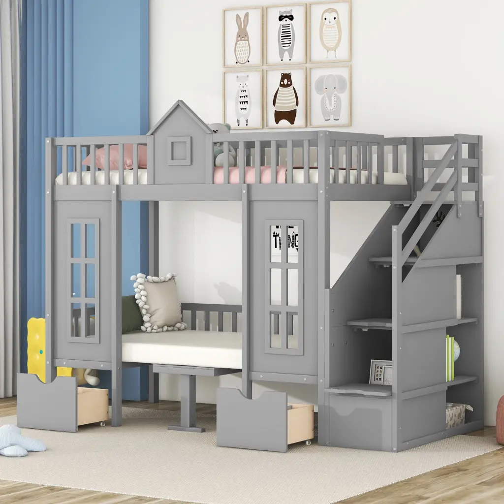 Twin Over Twin Bunk Bed Transformable Table, Bunk Bed Turn Into Upper Bed - Space Saving Kids Furniture lucky furniture