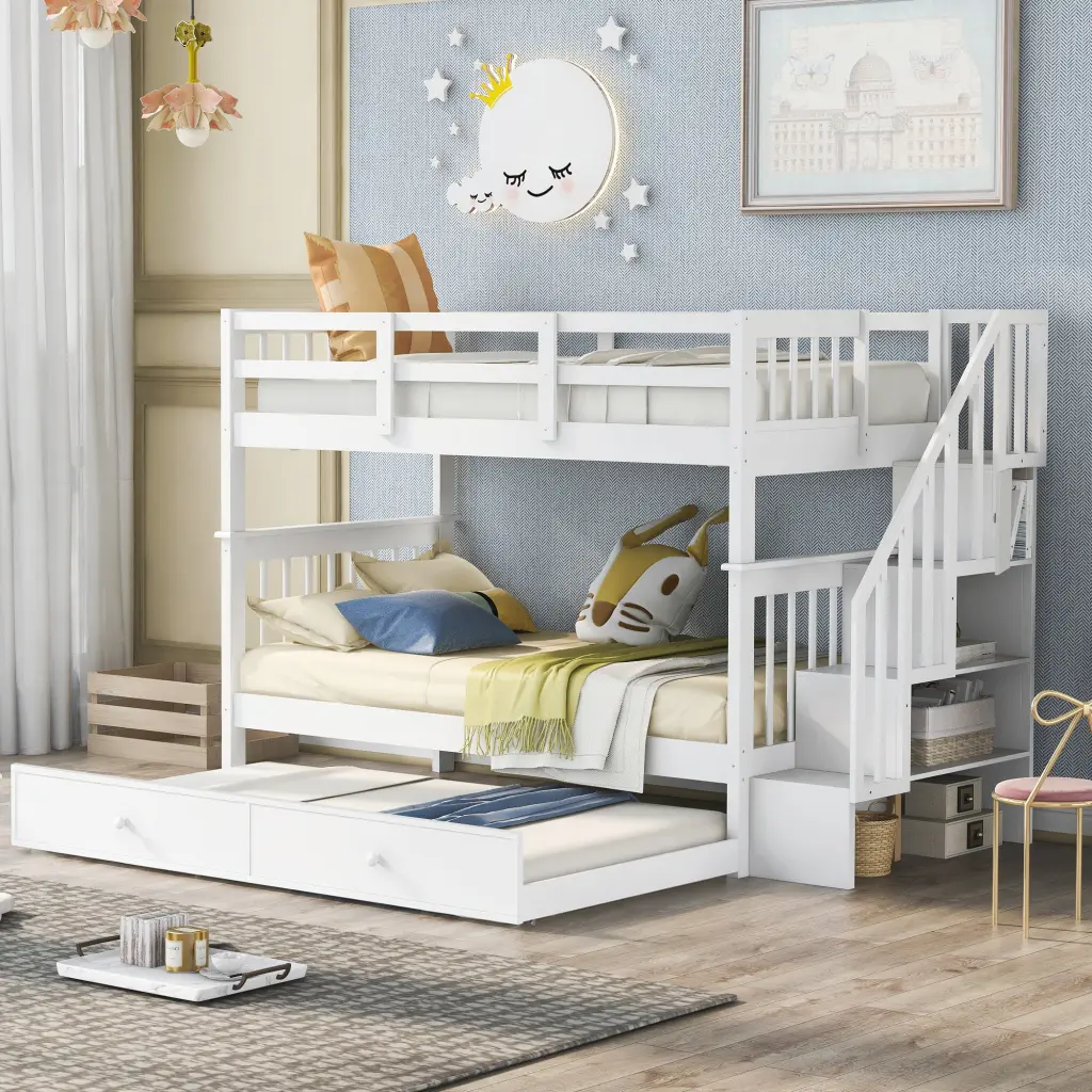 Twin Over Twin Bunk Bed Trundle Stairway Kids Bedroom lucky furniture
