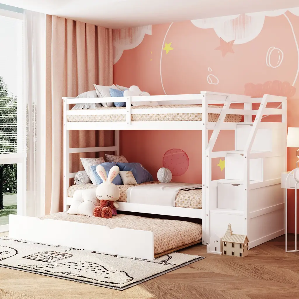 Twin Over Twin Bunk Bed Twin Size Trundle And 3 Storage Stairs White Wooden Bunk Bed lucky furniture