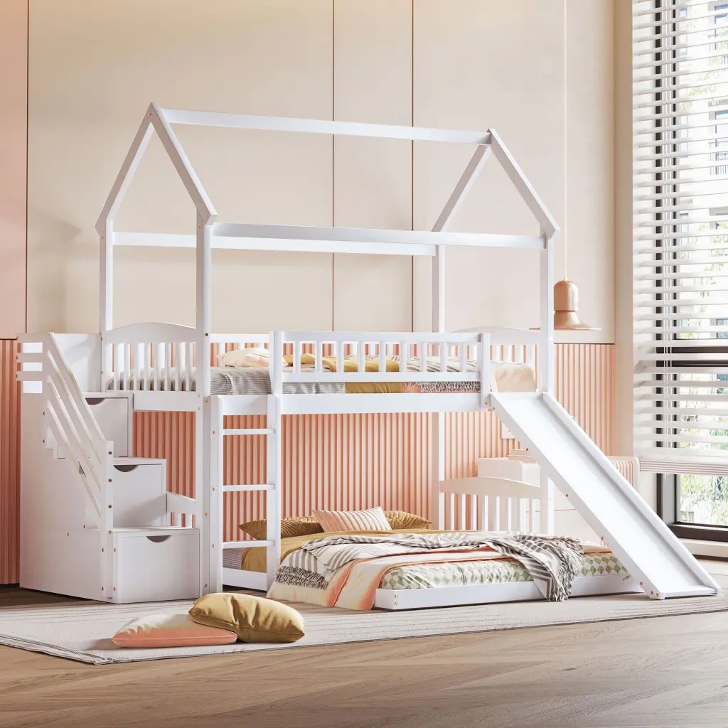 Twin Over Twin Bunk Bed Two Drawers And Slide - Houtilize Bed lucky furniture