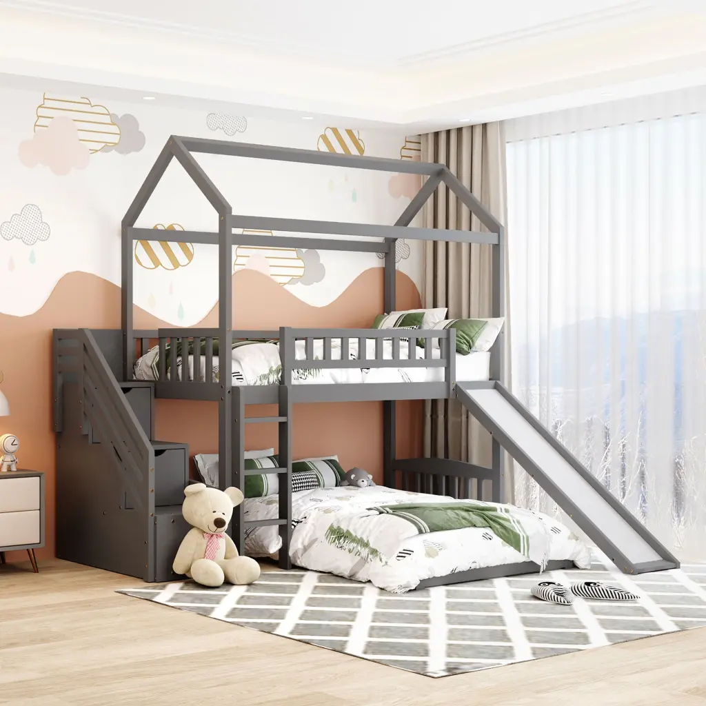Twin Over Twin Bunk Bed Two Drawers and Slide Houtilize Bed Storage lucky furniture