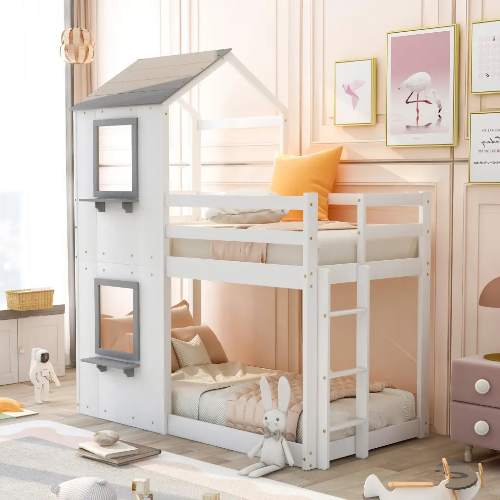 Twin Over Twin Bunk Bed Wood Bed Roof Window Guardrail and Ladder lucky furniture