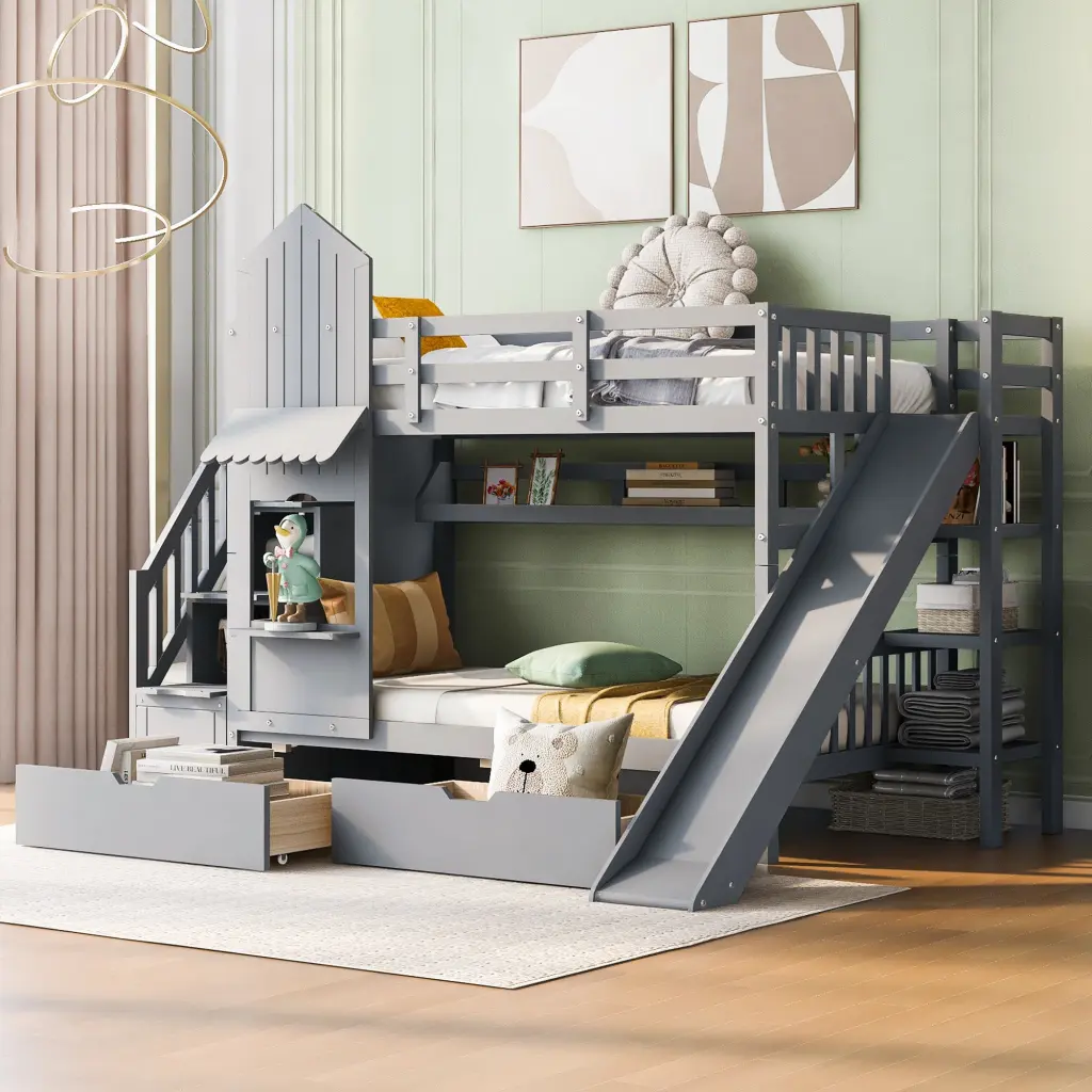 Twin Over Twin Castle Style Bunk Bed 2 Drawers 3 Shelves And Slide Kids Room Furniture lucky furniture
